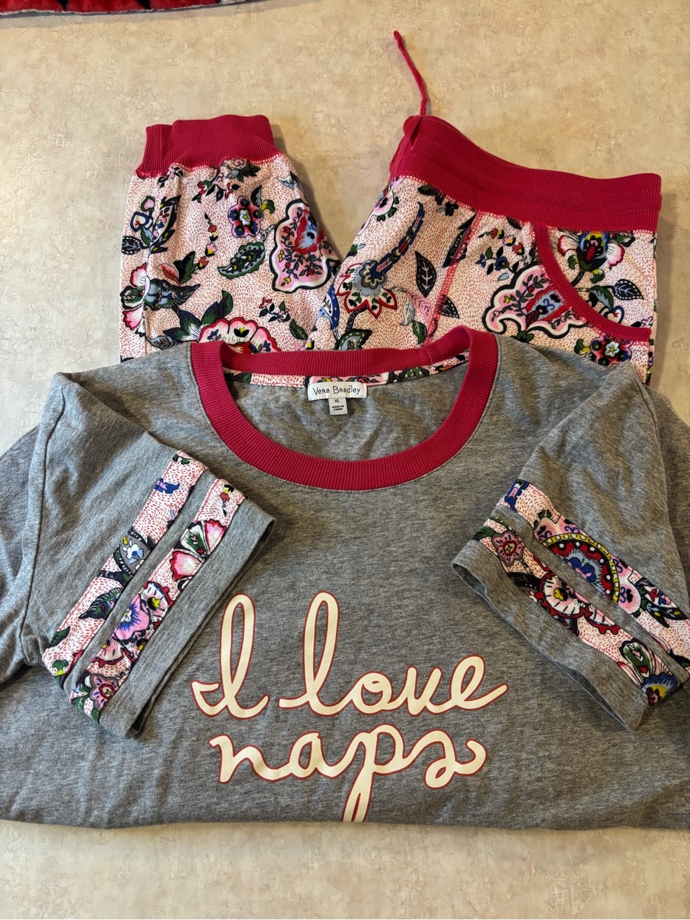 Vera Bradley Gray "I Love Naps" women’s Pajama Set with Pink Floral Trim